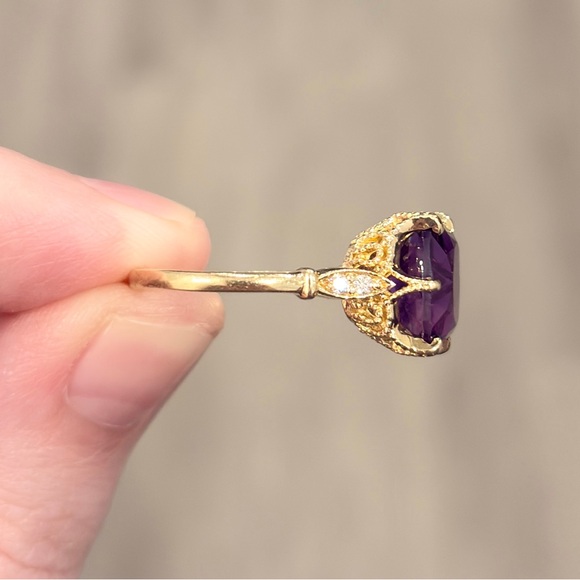 14K Amethyst Diamond Solitaire Ring: Dark Cushion Cut Elegant Milgrain Size 6.5 - Picture 12 of 14